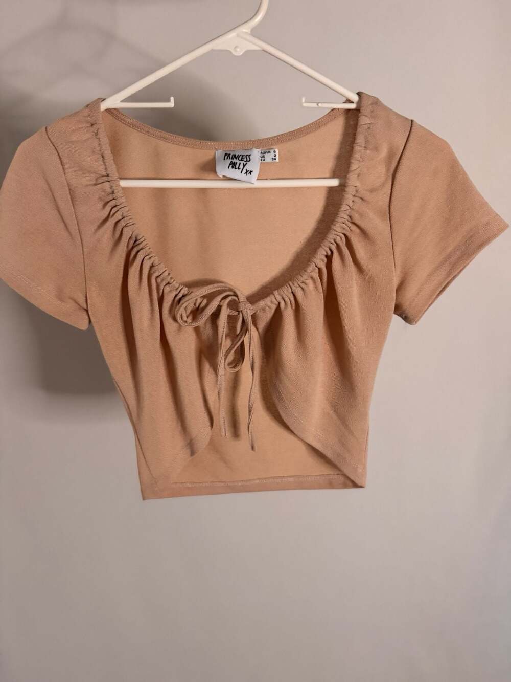 Princess Polly Tan Tie Front Short Sleeve Crop Top Size US 2